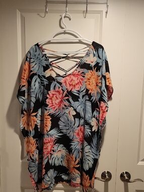 Floral Crisscross Back Coverup - Black with Coral & Light Blue